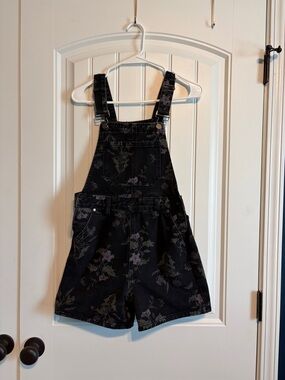 Floral Black Denim Short Overalls